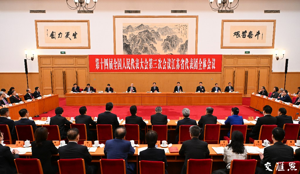 江蘇代表團舉行全體會議 傳達學習習近平總書記重要講話精神 審議全國人大常委會和“兩高”工作報告 信長星主持并講話